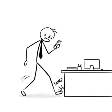 A stick figure businessman walks while looking at his phone, bumping into a desk.