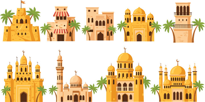 Set of traditional Arab architecture with mud brick houses desert castles mosques and palm trees for cultural design