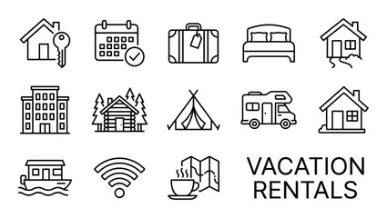 Vacation rentals line icons for holiday accommodation travel booking and seasonal tourism services © GoDesigner