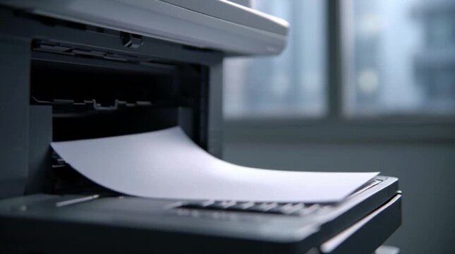 Close up of office printer machine printing white paper sheet. Professional laser printer in modern office environment. High quality business document production and workplace technology concept.