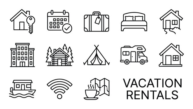 Vacation rentals line icons for holiday accommodation travel booking and seasonal tourism services