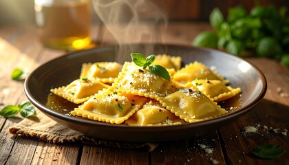Delicious Steaming Ravioli Pasta Dish with Fresh Basil Garnish.