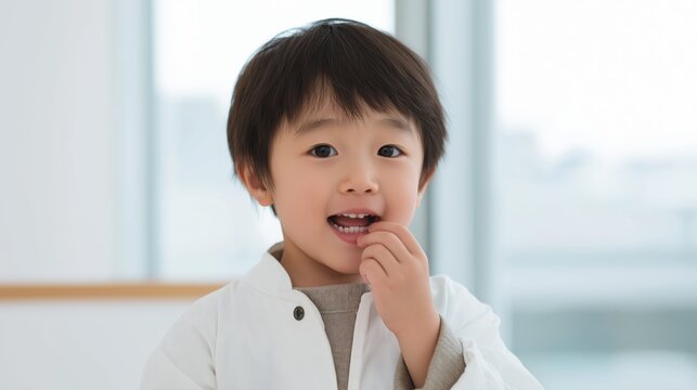 Little Japanese boy practicing myofunctional therapy or MFT for oral health.