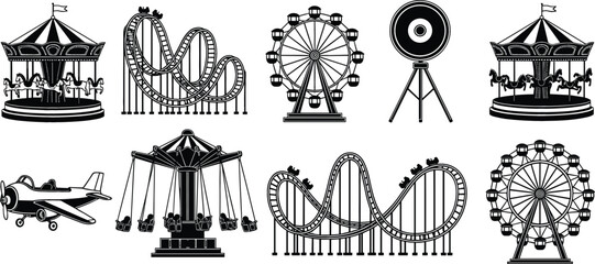 Set of amusement park silhouettes with roller coaster ferris wheel and carousel icons for carnival and entertainment design © Bappi