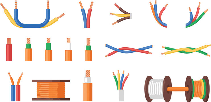Set of electrical cables and copper power wires in various colors with spools for construction and industrial design