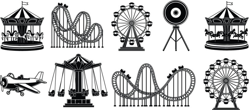 Set of amusement park silhouettes with roller coaster ferris wheel and carousel icons for carnival and entertainment design