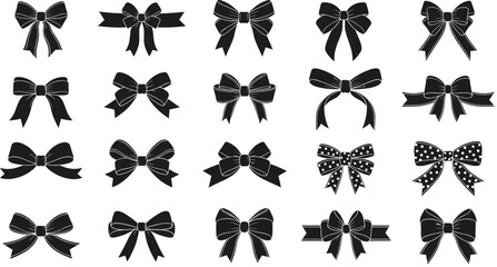 Set of black bow silhouettes and ribbon knots in various styles for gift wrapping and decorative stationery design