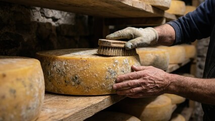 Artisan Cheesemaking Process: Brushing Rind of Round Wheel of Hard Yellow Cheese