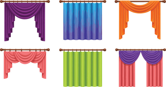 Set of elegant window curtains in various styles and colors for interior home decor and luxury room design