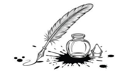 Quill ink feather pen vintage paper and inkwell fountain writer calligraphy drawing © GoDesigner