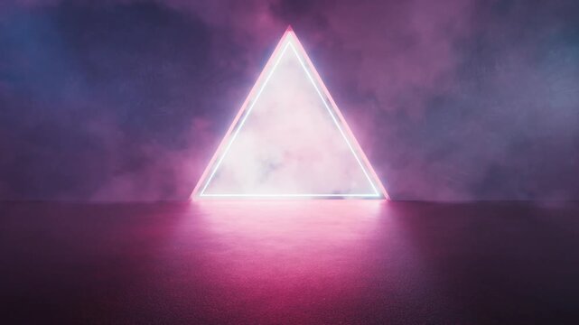 Abstract neon triangle glows in smoky atmosphere with pink and blue lighting, futuristic background footage