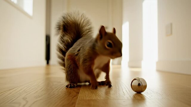 Playful indoor squirrel chases ball in hallway video.