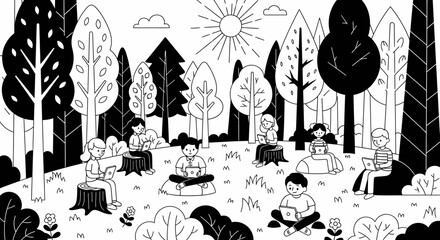 People Meditating in Forest Illustration Black White.