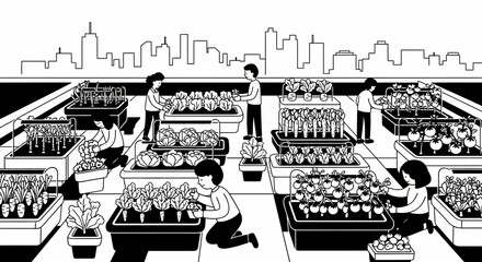 People working in a plant nursery.