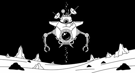 Robot Spacecraft Landing on Alien Planet Surface.