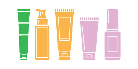 Set of cosmetic plastic bottle icons for packaging design. Vector stock illustration, isolated on a background for the beauty industry, product label pack.

