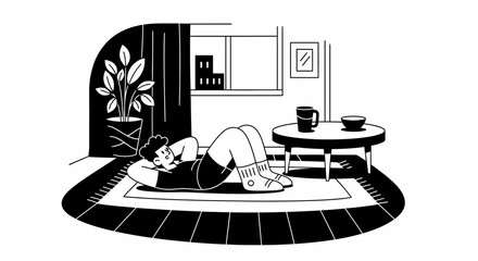 Woman Lying on Floor in Black Illustration.