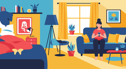 Woman Relaxing on Sofa with Mobile Phone.