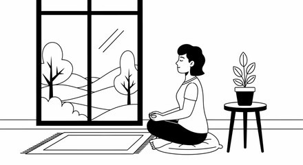 Woman Practicing Yoga Meditation Near Window.