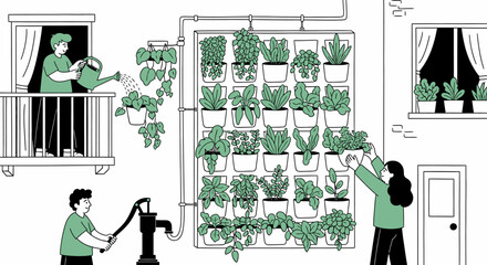 Vertical Farming System with People Tending Plants.