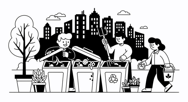 People Sorting Waste into Recycling Bins.