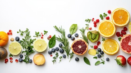 Perfect for health enthusiasts seeking natural flavors, depicted through vibrant fruits, herbs, on blurred background