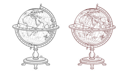 Obraz premium Two vintage globes geography and history world sphere continents antique map drawing