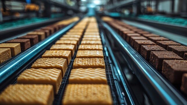 Close-up of food products in varying colors traveling along an automated factory conveyor belt