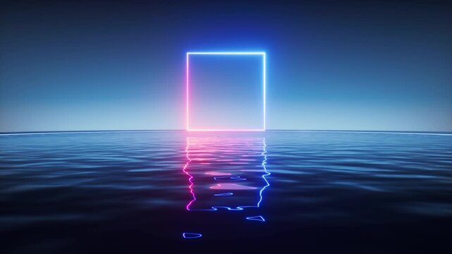 Futuristic neon square portal over calm ocean water with vibrant reflection motion background