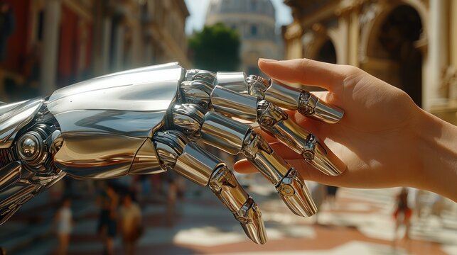 A human hand reaches out to touch a chrome-plated robotic hand outdoors, with building in background