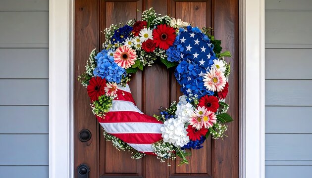 Patriotic Wreath with American Flag and Flowers on Wooden Door.