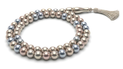 Elegant pearl necklace with tassel on white background