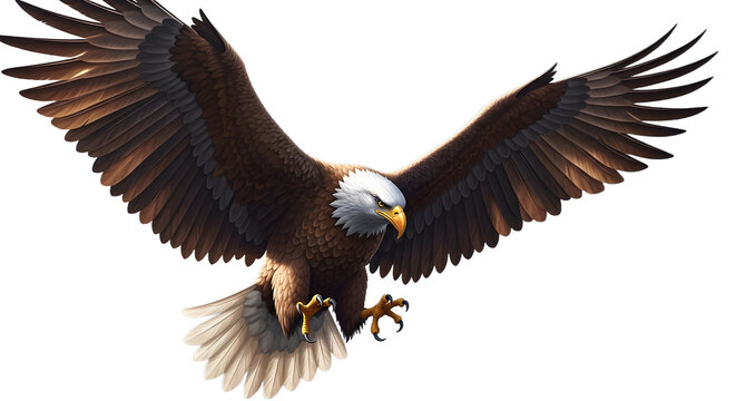 Hyper-realistic eagle flying with wings fully spread, dynamic perspective angle, feather detail, dramatic lighting, wildlife action shot style, isolated on transparent background, PNG, advertising nat
