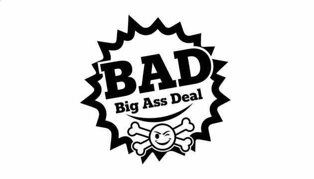 Bold black and white graphic design featuring the text "BAD Big Ass Deal" with a winking skull and crossbones icon.