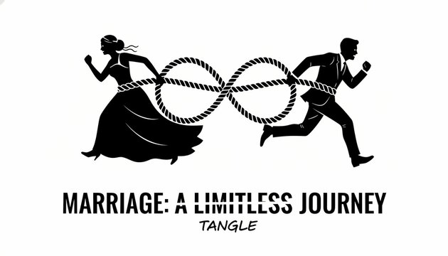 Conceptual silhouette of a bride and groom running in opposite directions while tied by an infinity-shaped rope.