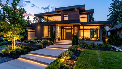 Obraz premium Modern Luxury Home Exterior at Dusk with Illuminated Pathway.