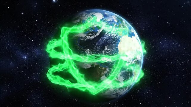 Rotating earth with glowing blue and green auras in a space loop animation and there is a fire shield-like effect in front of it. with 4k resolution