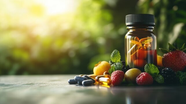 symbolizing health supplements, featuring a table with vitamin supplements, protein powders, and a water bottle on blurred background