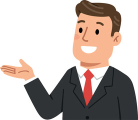 Smiling Businessman In Black Suit With Red Tie Presenting Hand Flat Design