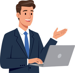 Smiling Businessman In Navy Suit With Blue Tie Using Laptop White Background Flat Design