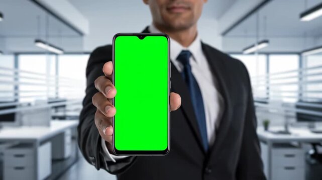 Professional businessman presents a modern smartphone with a vivid green screen display, ideal for showcasing custom digital content in an office setting