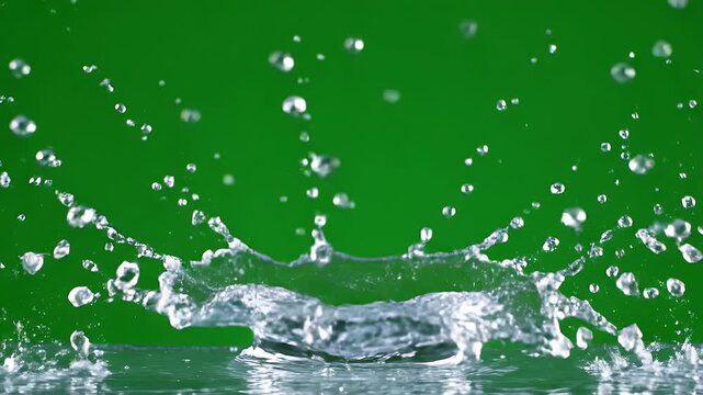 Dynamic water splash frozen in motion against a vibrant green backdrop