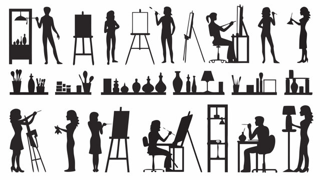 Silhouettes of artists at work in studio with various painting tools