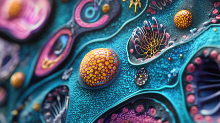 A vibrant microscopic view of colorful cells and organisms under a microscope
