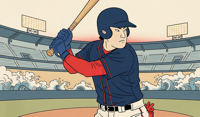 野球打者の浮世絵風クローズアップイラスト