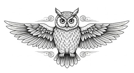 Obraz premium Detailed black and white illustration of an owl with spread wings.