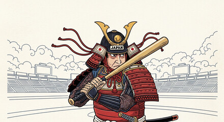 甲冑姿の侍バッター 浮世絵風