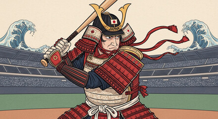 スタジアムに立つ赤甲冑の侍打者・浮世絵風