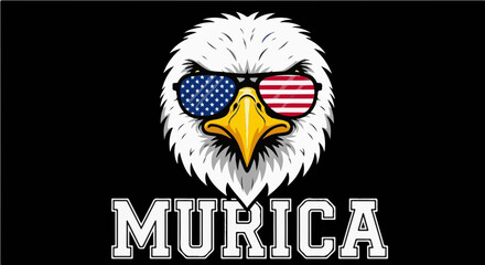 Fototapeta premium MURICA - Funny Patriotic Bald Eagle with American Flag Sunglasses Graphic Illustration for USA Pride T-shirt Design