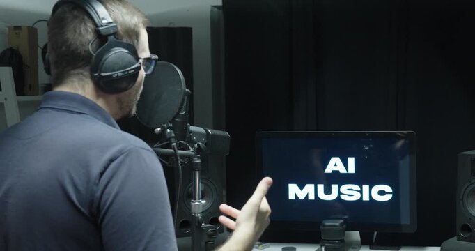 Professional stock footage showing a person wearing headphones in a recording studio with &ldquo;AI MUSIC&rdquo; displayed on a screen, symbolizing artificial intelligence&ndash;driven music creation, modern recording